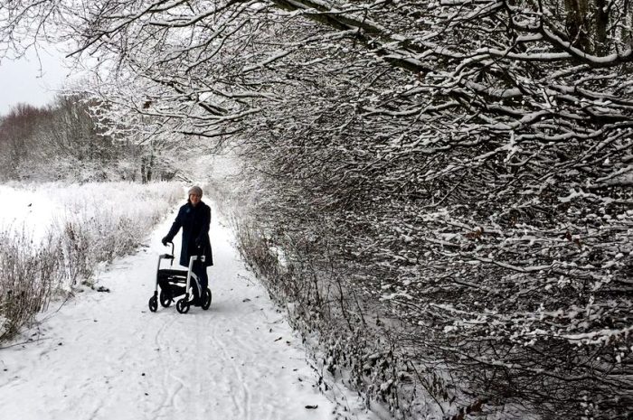Caminar con un andador en invierno Rollz Motion en la nieve